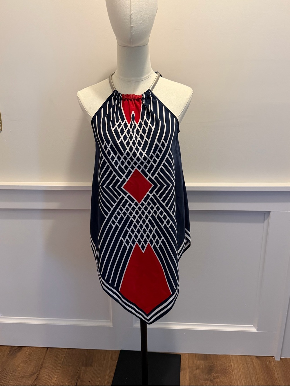 Alfani Navy Halter Camisole with Red Geometric Accents